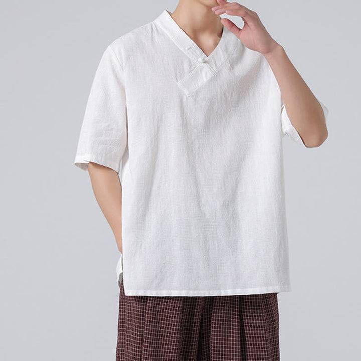 Buddha Stonesエスニック風 ダメージ加工 ジャカード フロッグボタン メンズ スタンドカラー 半袖 コットンリネン シャツ 太極拳服