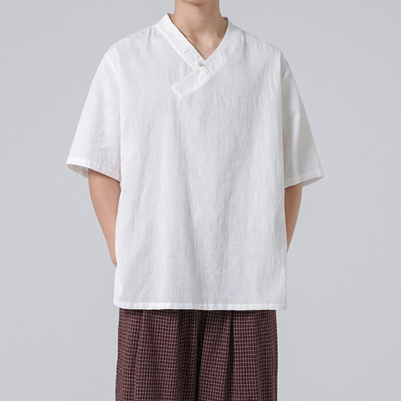 Buddha Stonesエスニック風 ダメージ加工 ジャカード フロッグボタン メンズ スタンドカラー 半袖 コットンリネン シャツ 太極拳服