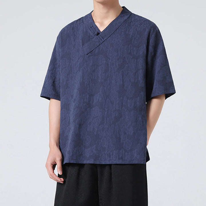 Buddha Stonesエスニック風 ダメージ加工 ジャカード フロッグボタン メンズ スタンドカラー 半袖 コットンリネン シャツ 太極拳服