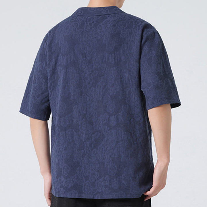 Buddha Stonesエスニック風 ダメージ加工 ジャカード フロッグボタン メンズ スタンドカラー 半袖 コットンリネン シャツ 太極拳服