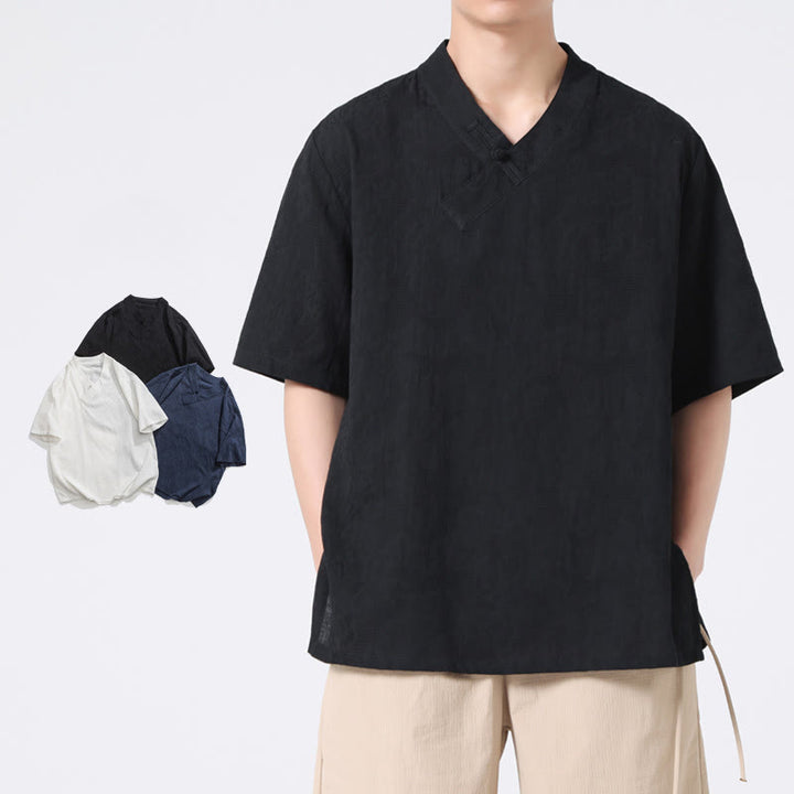 Buddha Stonesエスニック風 ダメージ加工 ジャカード フロッグボタン メンズ スタンドカラー 半袖 コットンリネン シャツ 太極拳服