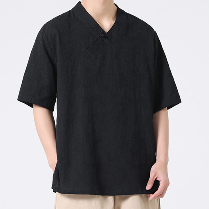Buddha Stonesエスニック風 ダメージ加工 ジャカード フロッグボタン メンズ スタンドカラー 半袖 コットンリネン シャツ 太極拳服