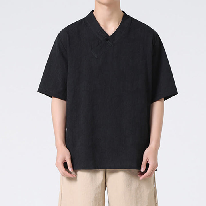 Buddha Stonesエスニック風 ダメージ加工 ジャカード フロッグボタン メンズ スタンドカラー 半袖 コットンリネン シャツ 太極拳服