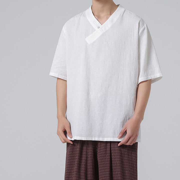Buddha Stonesエスニック風 ダメージ加工 ジャカード フロッグボタン メンズ スタンドカラー 半袖 コットンリネン シャツ 太極拳服
