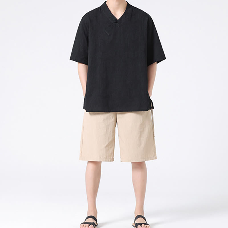 Buddha Stonesエスニック風 ダメージ加工 ジャカード フロッグボタン メンズ スタンドカラー 半袖 コットンリネン シャツ 太極拳服 - image 13