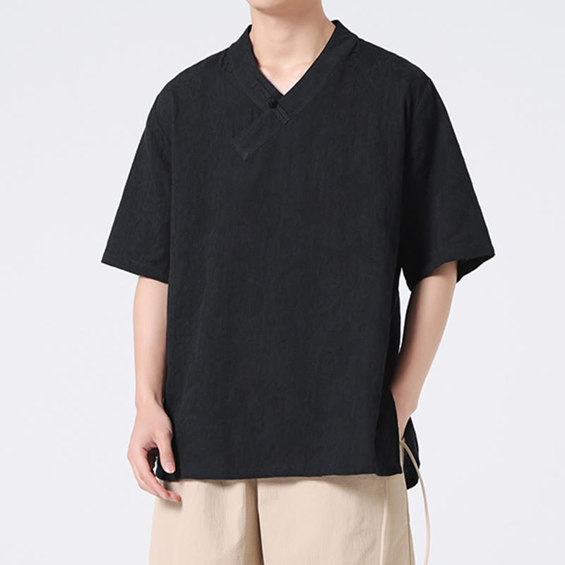 Buddha Stonesエスニック風 ダメージ加工 ジャカード フロッグボタン メンズ スタンドカラー 半袖 コットンリネン シャツ 太極拳服
