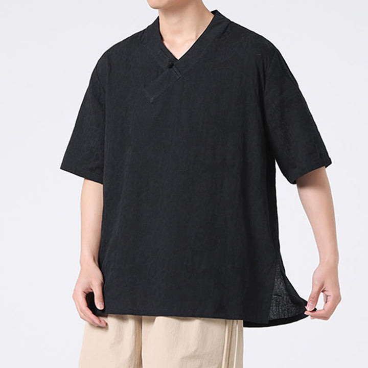 Buddha Stonesエスニック風 ダメージ加工 ジャカード フロッグボタン メンズ スタンドカラー 半袖 コットンリネン シャツ 太極拳服