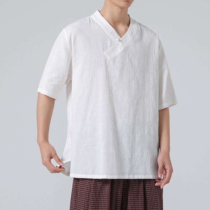 Buddha Stonesエスニック風 ダメージ加工 ジャカード フロッグボタン メンズ スタンドカラー 半袖 コットンリネン シャツ 太極拳服 - image 24
