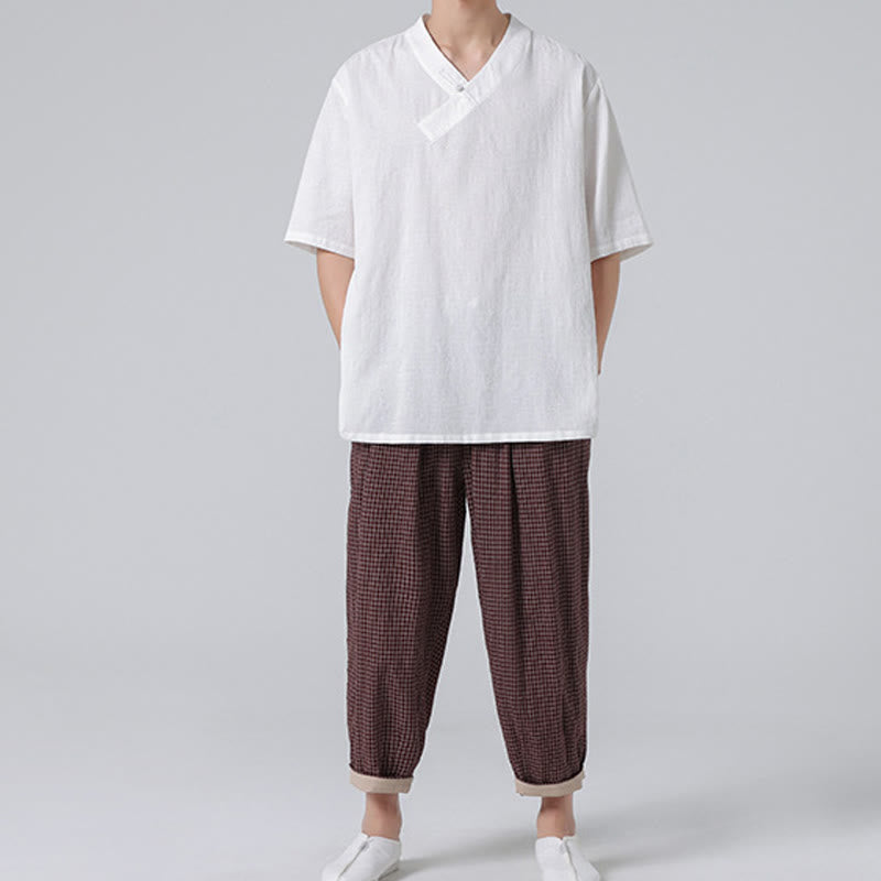 Buddha Stonesエスニック風 ダメージ加工 ジャカード フロッグボタン メンズ スタンドカラー 半袖 コットンリネン シャツ 太極拳服