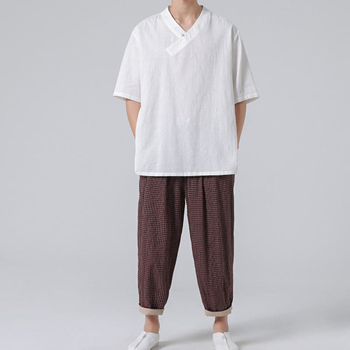 Buddha Stonesエスニック風 ダメージ加工 ジャカード フロッグボタン メンズ スタンドカラー 半袖 コットンリネン シャツ 太極拳服
