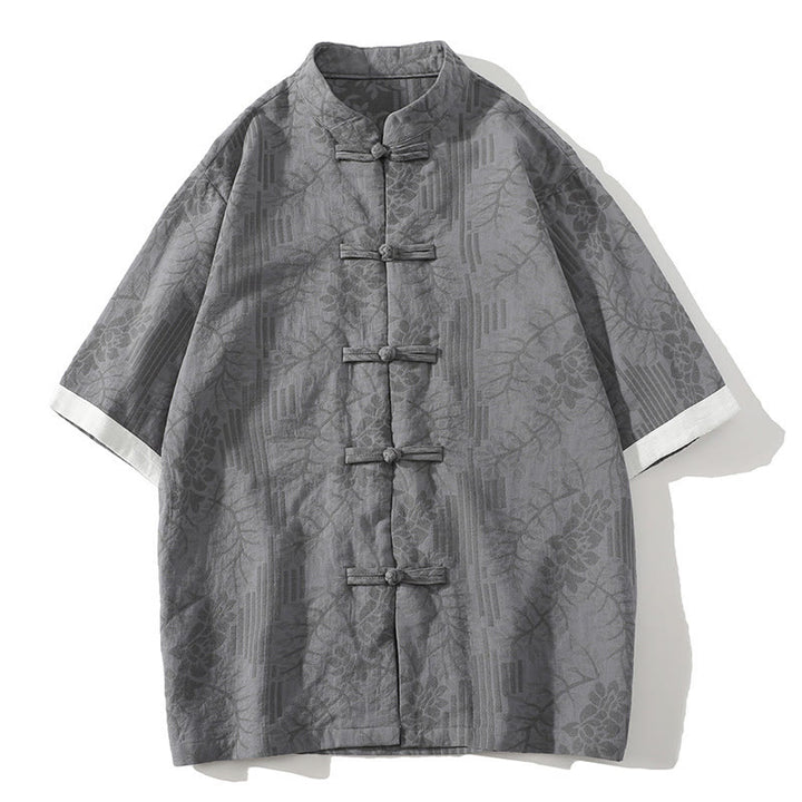 Buddha Stonesカジュアル サマー ジャカード 花柄 カエルボタン メンズ スタンドカラー コントラストカラー 半袖 コットン カーディガン シャツ