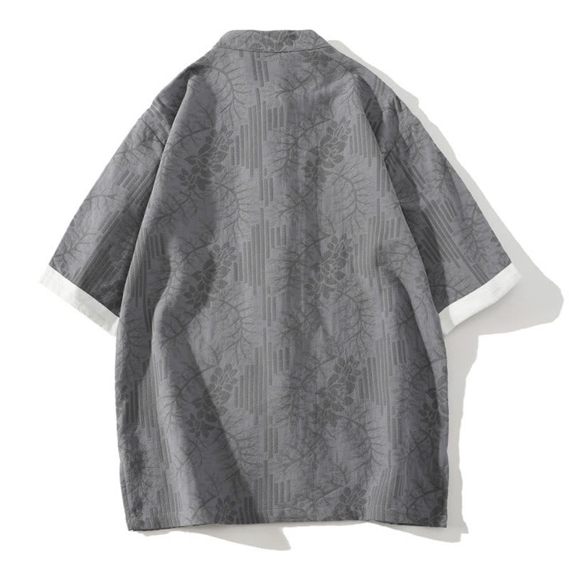 Buddha Stonesカジュアル サマー ジャカード 花柄 カエルボタン メンズ スタンドカラー コントラストカラー 半袖 コットン カーディガン シャツ