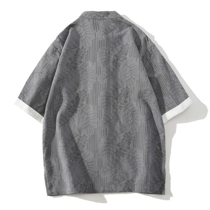 Buddha Stonesカジュアル サマー ジャカード 花柄 カエルボタン メンズ スタンドカラー コントラストカラー 半袖 コットン カーディガン シャツ