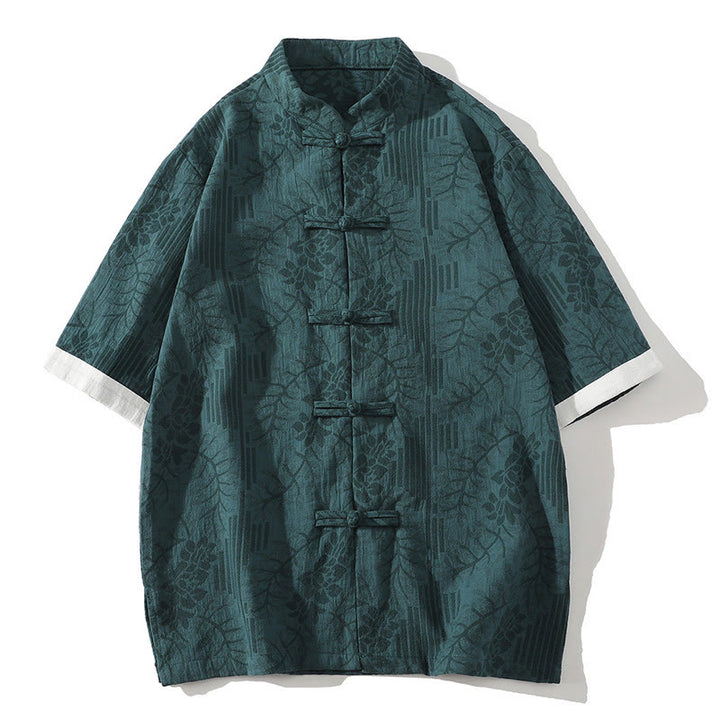 Buddha Stonesカジュアル サマー ジャカード 花柄 カエルボタン メンズ スタンドカラー コントラストカラー 半袖 コットン カーディガン シャツ