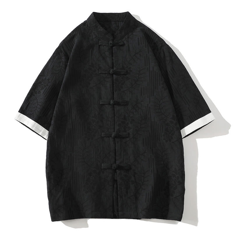 Buddha Stonesカジュアル サマー ジャカード 花柄 カエルボタン メンズ スタンドカラー コントラストカラー ハーフスリーブ コットンシャツ - 黒 - US/UK/AU46、 EU56 (5XL) - image 9