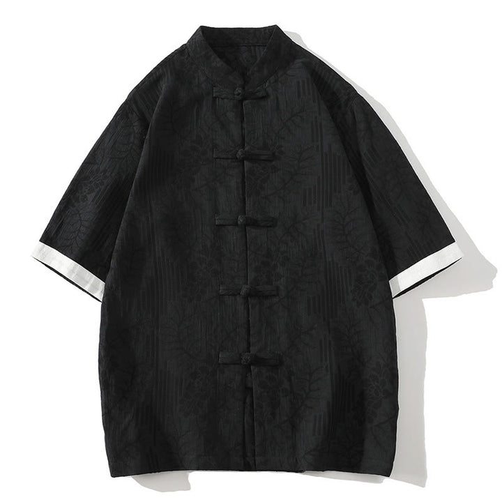 Buddha Stonesカジュアル サマー ジャカード 花柄 カエルボタン メンズ スタンドカラー コントラストカラー ハーフスリーブ コットンシャツ - 黒 - US/UK/AU46、 EU56 (5XL) - image 9