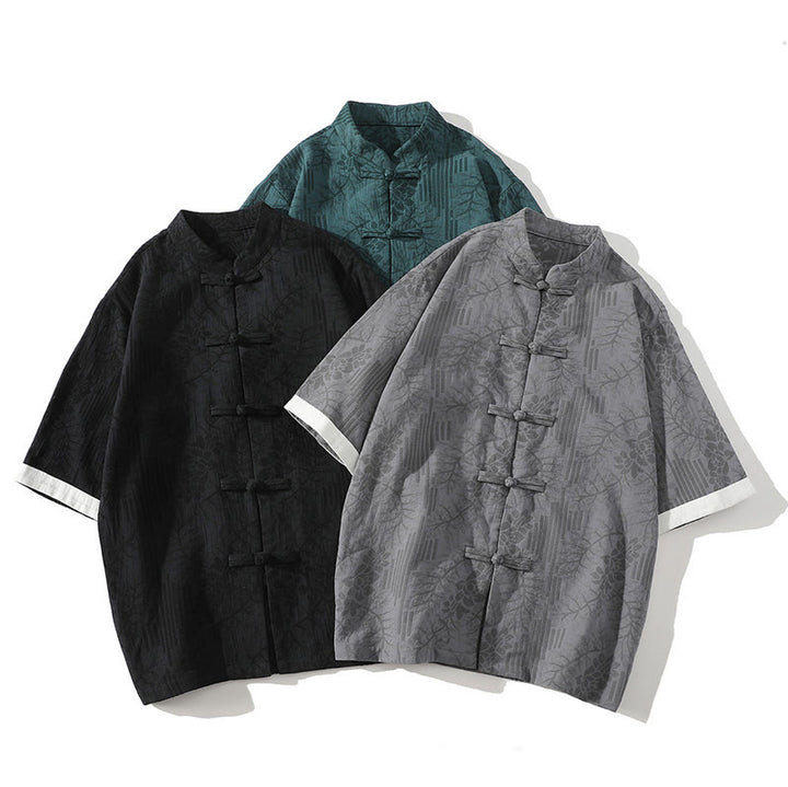 Buddha Stonesカジュアル サマー ジャカード 花柄 カエルボタン メンズ スタンドカラー コントラストカラー 半袖 コットン カーディガン シャツ