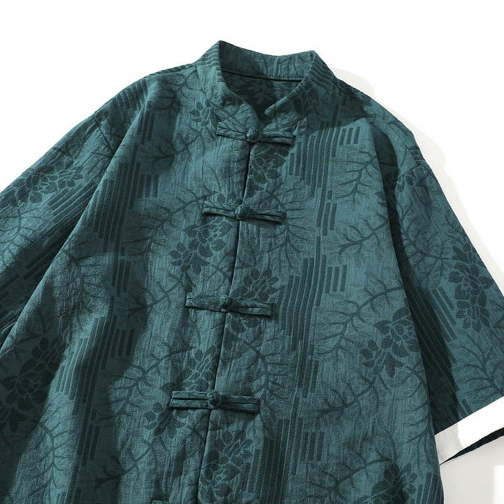 Buddha Stonesカジュアル サマー ジャカード 花柄 カエルボタン メンズ スタンドカラー コントラストカラー ハーフスリーブ コットンシャツ - image 1