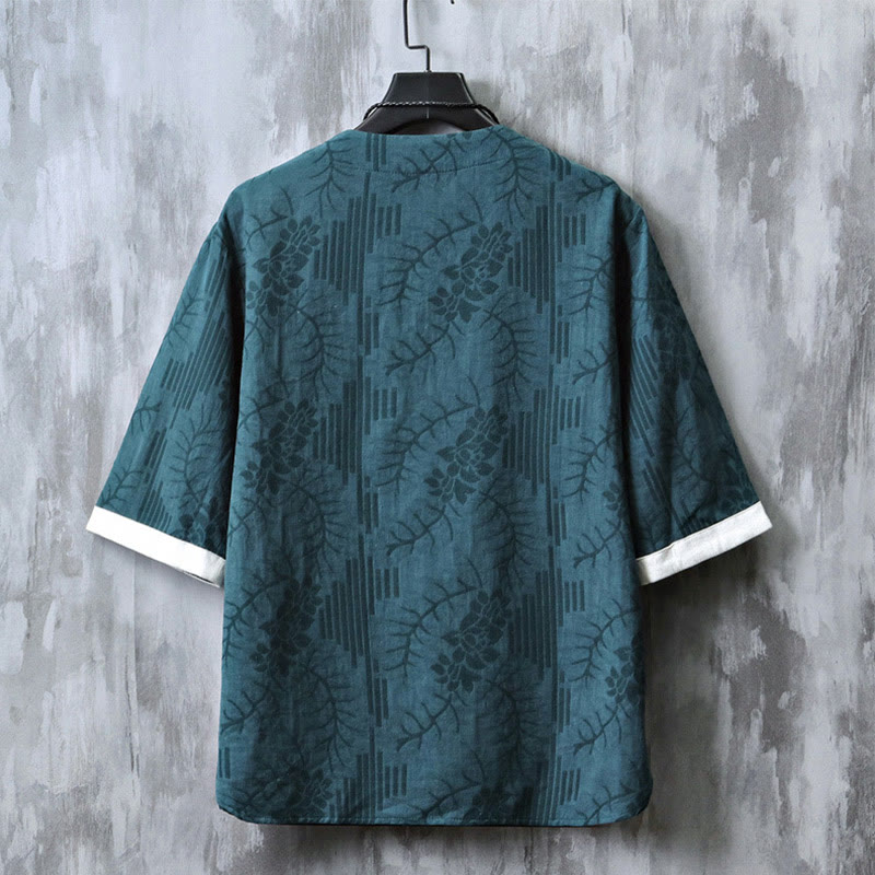Buddha Stonesカジュアル レトロ ジャカード 中国風 カエルボタンデザイン メンズ クルーネック 半袖 コットンシャツ - image 6