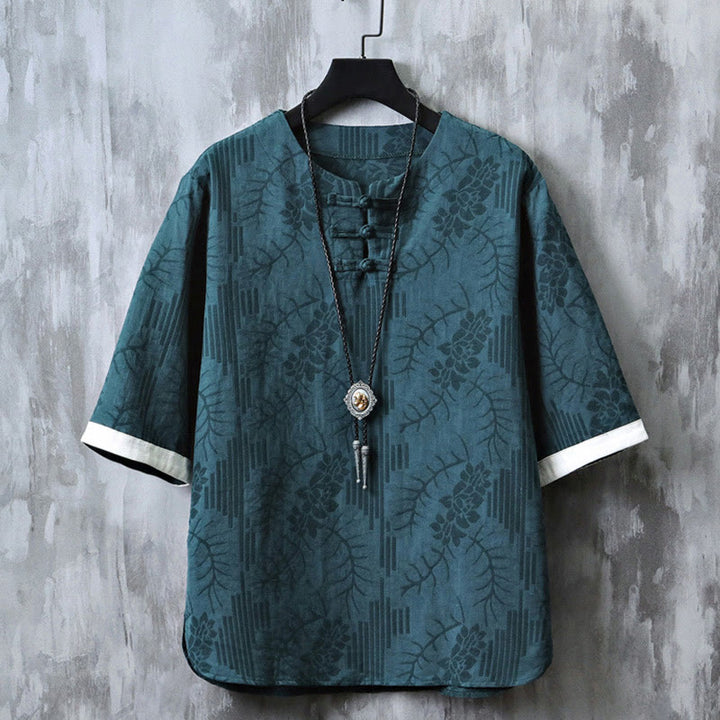 Buddha Stonesカジュアル レトロ ジャカード 中国風 カエルボタンデザイン メンズ クルーネック 半袖 コットンシャツ