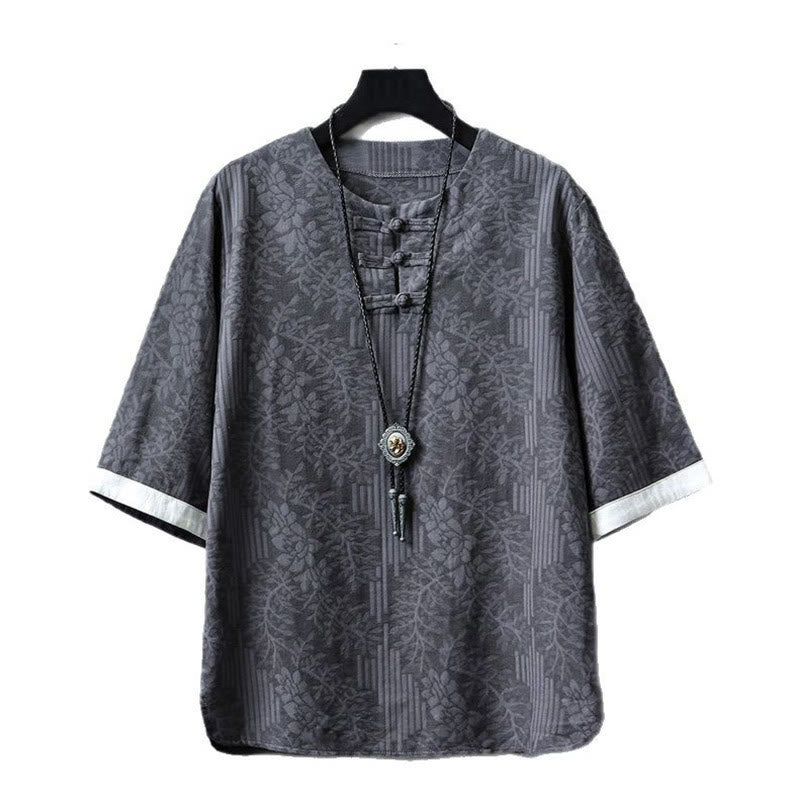 Buddha Stonesカジュアル レトロ ジャカード 中国風 カエルボタンデザイン メンズ クルーネック 半袖 コットンシャツ - image 1