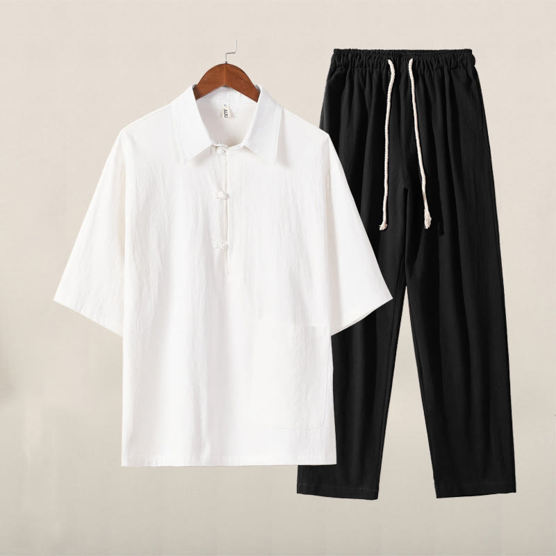 Buddha Stonesカジュアル 2点セット 無地 ハーフボタンデザイン シャツ ドローストリングパンツ メンズ コットン 瞑想服セット ポケット付き - 白のトップスと黒のパンツ - US/UK/AU46、 EU56 (5XL) - image 0
