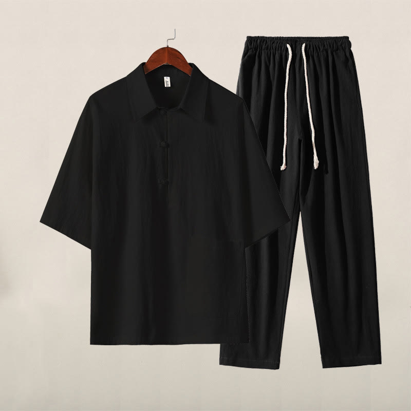 Buddha Stonesカジュアル 2点セット 無地 ハーフボタンデザイン シャツ ドローストリングパンツ メンズ コットン 瞑想服セット ポケット付き - 黒のトップス、黒のパンツ - US/UK/AU46、 EU56 (5XL) - image 12