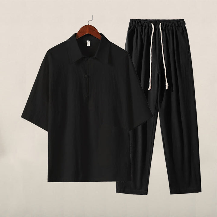 Buddha Stonesカジュアル 2点セット 無地 ハーフボタンデザイン シャツ ドローストリングパンツ メンズ コットン 瞑想服セット ポケット付き - 黒のトップス、黒のパンツ - US/UK/AU46、 EU56 (5XL) - image 12