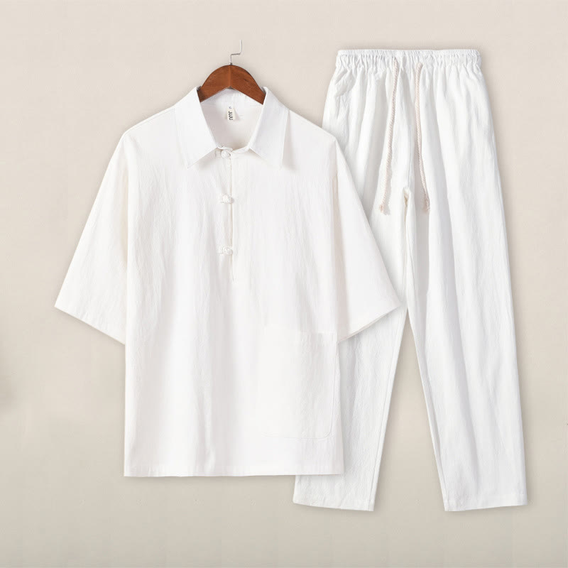 Buddha Stonesカジュアル 2点セット 無地 ハーフボタンデザイン シャツ ドローストリングパンツ メンズ コットン 瞑想服セット ポケット付き - 白のトップス、白のパンツ - US/UK/AU46、 EU56 (5XL) - image 11