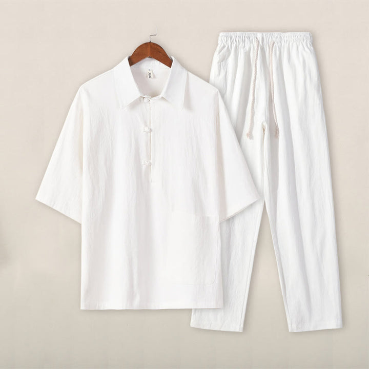 Buddha Stonesカジュアル 2点セット 無地 ハーフボタンデザイン シャツ ドローストリングパンツ メンズ コットン 瞑想服セット ポケット付き - 白のトップス、白のパンツ - US/UK/AU46、 EU56 (5XL) - image 11