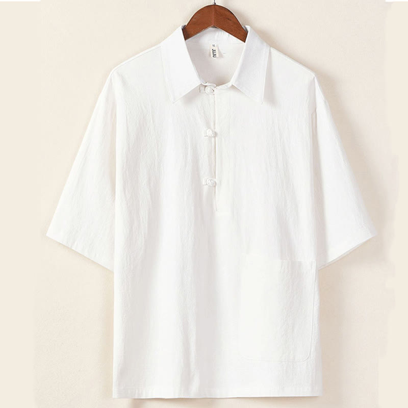 Buddha Stonesカジュアル 2点セット 純色 ハーフボタンデザイン シャツ ドローストリングパンツ メンズ コットンリネン 瞑想用クロスセット ポケット付き - image 1