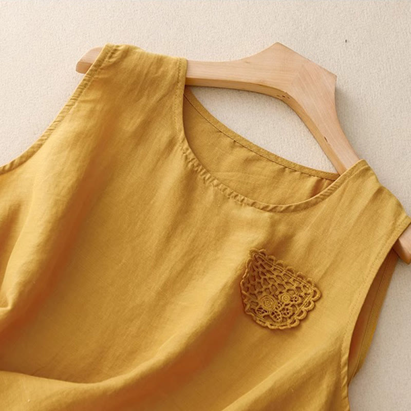 Buddha Stonesカジュアル 無地 刺繍パッチワークデザイン ノースリーブ クルーネック レディースベスト - image 1