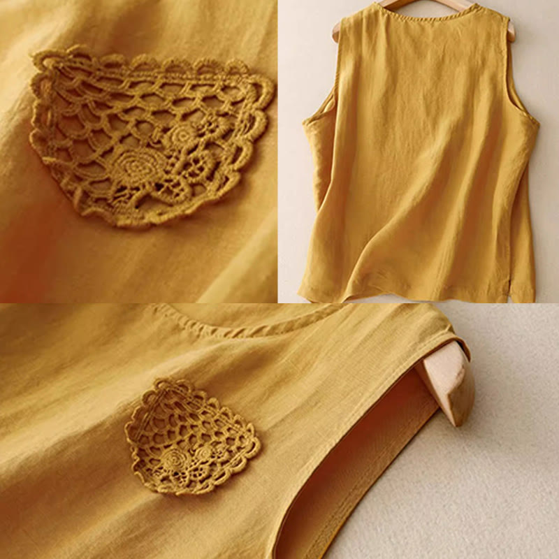 Buddha Stonesカジュアル 無地 刺繍パッチワークデザイン ノースリーブ クルーネック レディースベスト - image 6