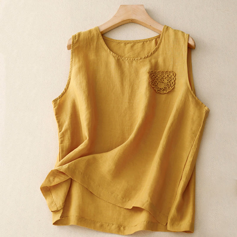 Buddha Stonesカジュアル 純色刺繍 パッチワークデザイン ノースリーブ クルーネック レディース コットンリネン ベスト - 金 - US12、 UK/AU16、 EU44 (3XL) - image 0
