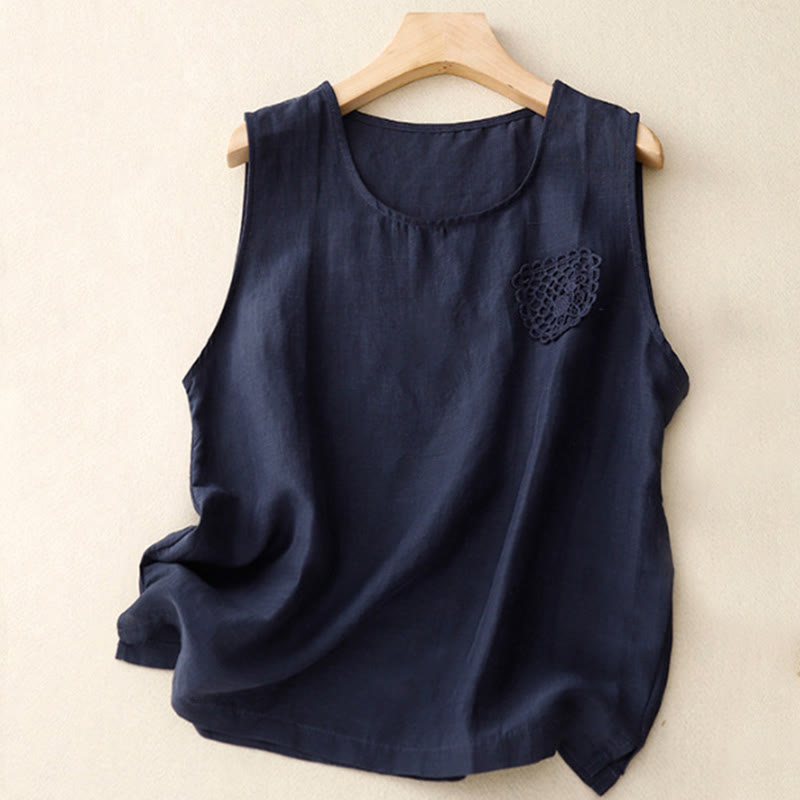 Buddha Stonesカジュアル 純色刺繍 パッチワークデザイン ノースリーブ クルーネック レディース コットンリネン ベスト - ミッドナイトブルー - US12、 UK/AU16、 EU44 (3XL) - image 7