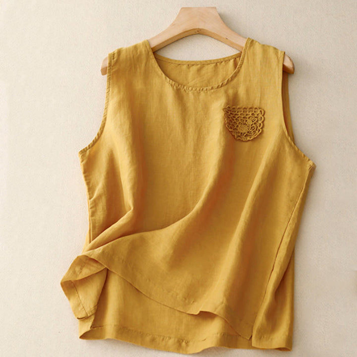 Buddha Stonesカジュアル 無地 刺繍パッチワークデザイン ノースリーブ クルーネック レディースベスト - 金 - US12、 UK/AU16、 EU44 (3XL) - image 0