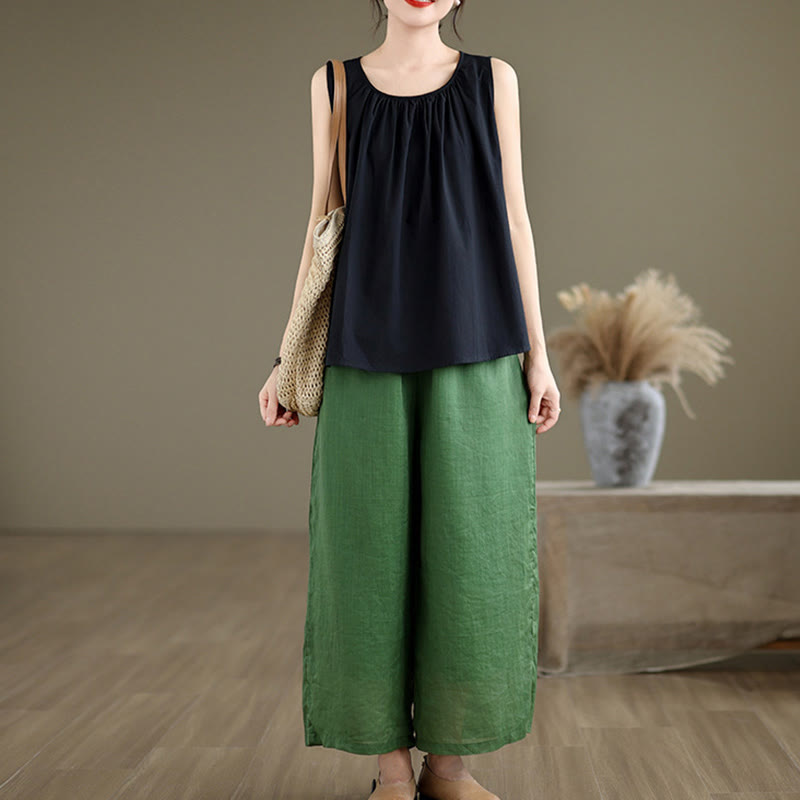 Buddha Stones夏 アーティスティック 無地 プリーツ クルーネックデザイン レディース コットンリネン ベスト - image 13