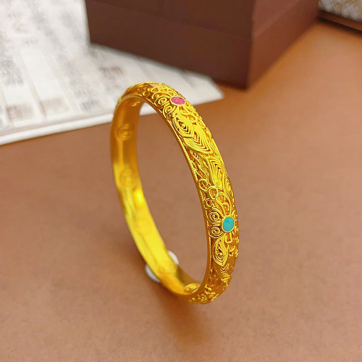 Buddha Stones銅メッキ 金 花 葉幸運ブレスレットバングル