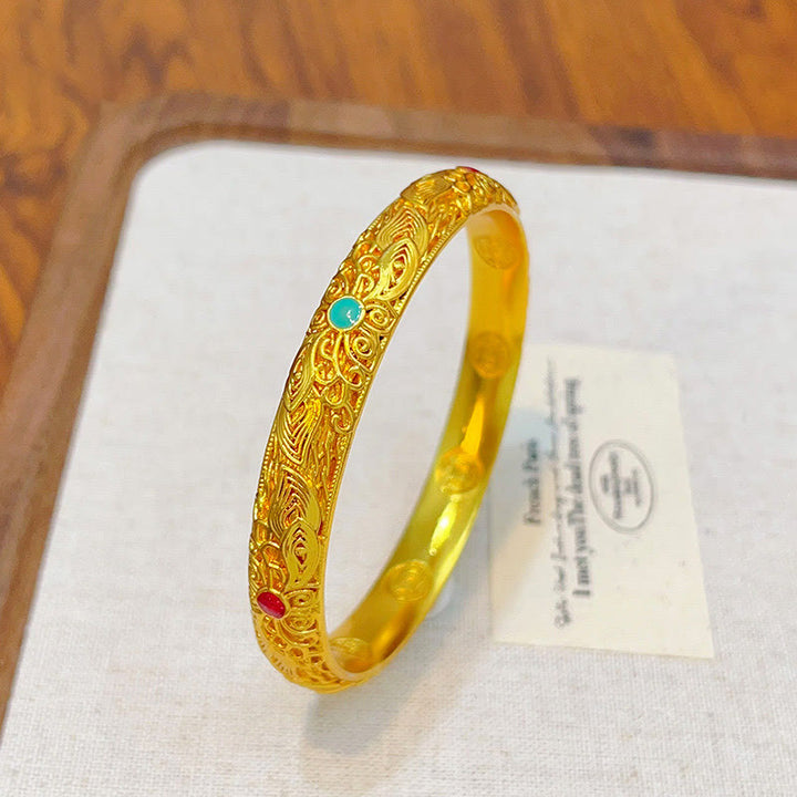 Buddha Stones銅メッキ 金 花 葉幸運ブレスレットバングル