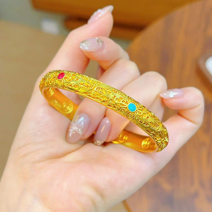 Buddha Stones銅メッキ 金 花 葉幸運ブレスレットバングル