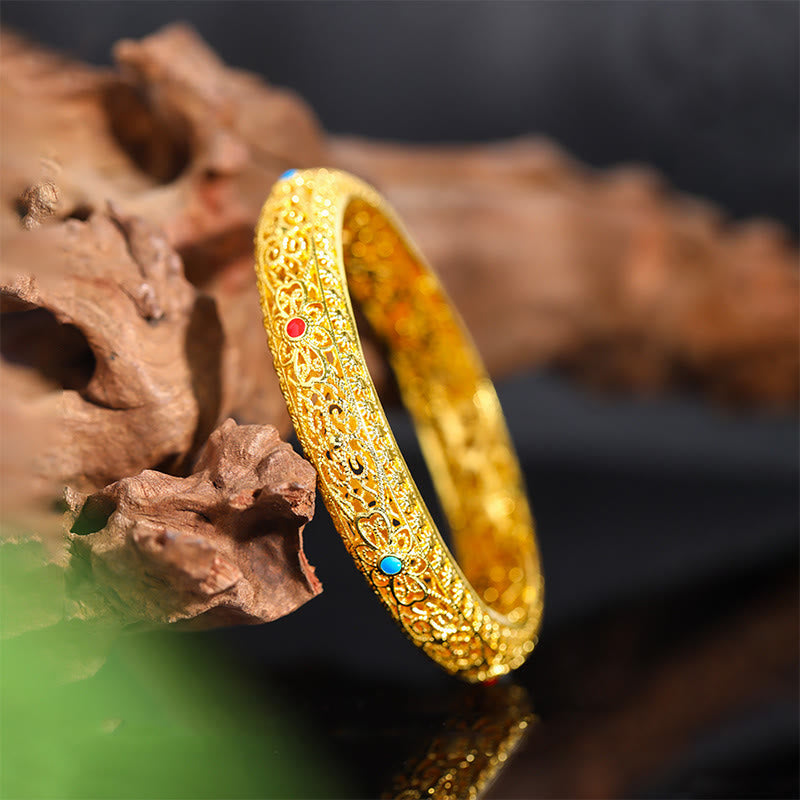 Buddha Stones銅メッキ 金 花 蔓 模様幸運ブレスレットバングル 2.44インチ (62 MM)