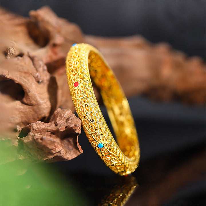Buddha Stones銅メッキ 金 花 蔓 模様幸運ブレスレットバングル 2.44インチ (62 MM)