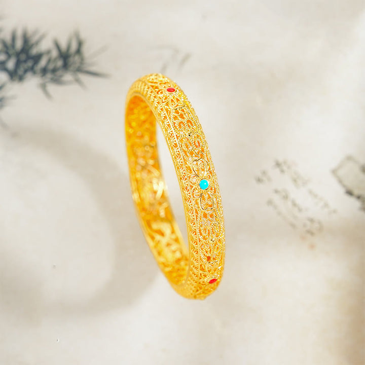 Buddha Stones銅メッキ 金 花 蔓 模様幸運ブレスレットバングル 2.44インチ (62 MM)