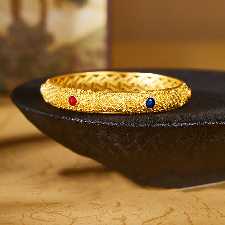 Buddha Stones925 スターリングシルバー ゴールデン 縁起の良い雲 中空デザイン 保護ブレスレット バングル 2.20インチ (56 MM)