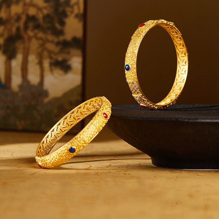 Buddha Stones925 スターリングシルバー ゴールデン 縁起の良い雲 中空デザイン 保護ブレスレット バングル 2.20インチ (56 MM)