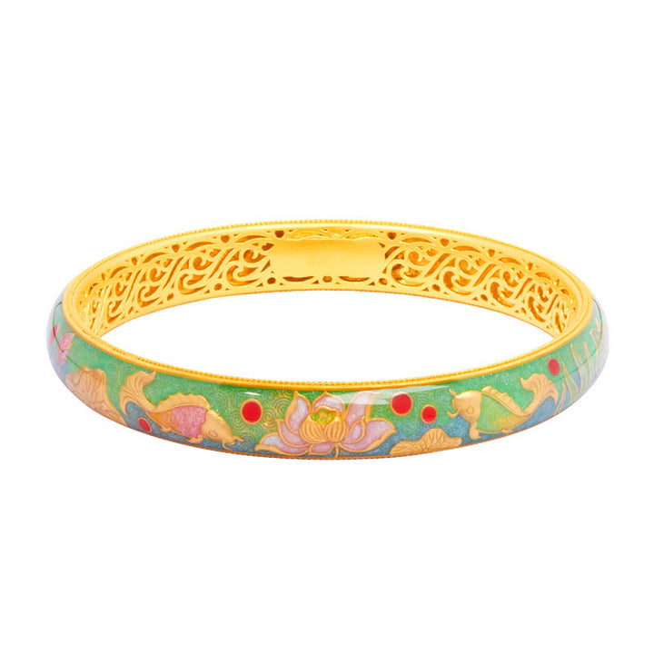Buddha Stones 999スターリングシルバー 鯉 蓮 中空デザイン 富のブレスレット バングル 2.28インチ (58mm)