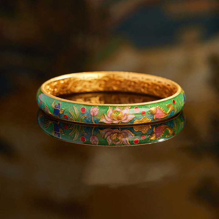 Buddha Stones 999スターリングシルバー 鯉 蓮 中空デザイン 富のブレスレット バングル 2.28インチ (58mm)