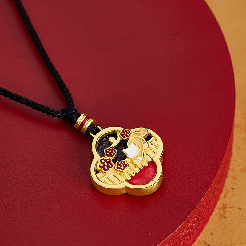 Buddha Stones925スターリングシルバー プラムブロッサムキャット 四つ葉のクローバー 祝福ネックレスペンダント - image 1