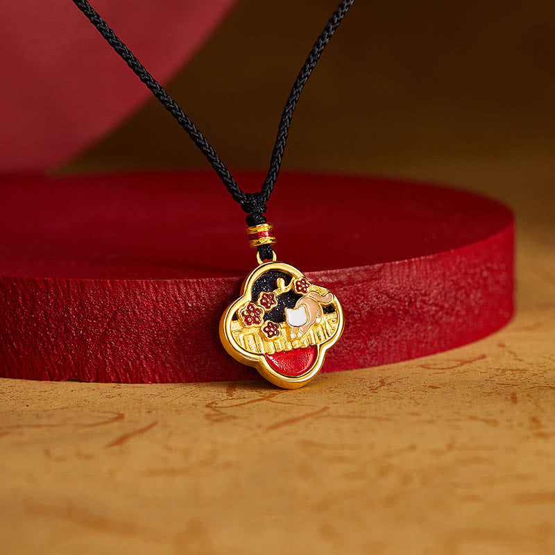 Buddha Stones925スターリングシルバー プラムブロッサムキャット 四つ葉のクローバー 祝福ネックレスペンダント - image 2