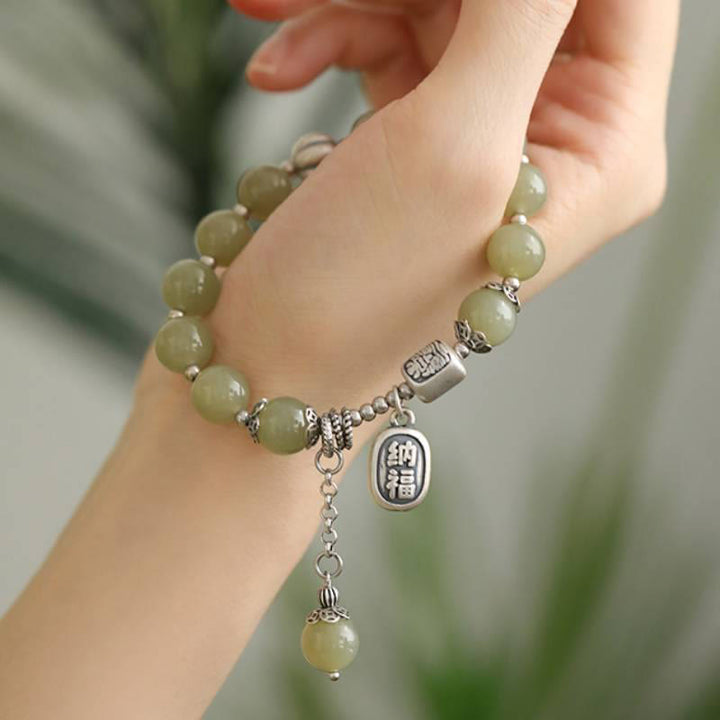 Buddha Stones925スターリングシルバー和田翡翠ビーズ幸運ブレスレット
